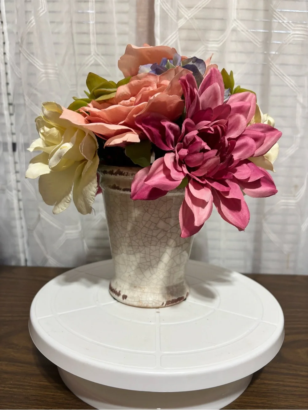 Artificial Floral Arrangement with Pink Dahlia Accent Rustic glazed ceramic vase